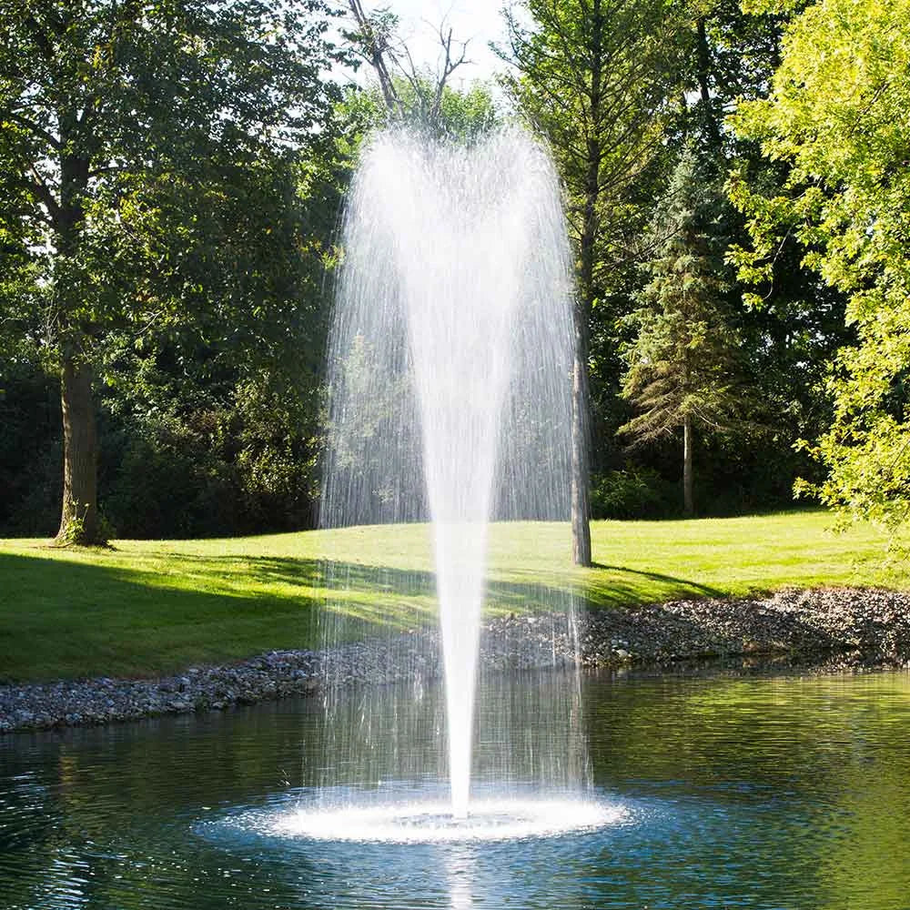 Airmax Pondseries 2 HP trumpet nozzle floating fountain, 17 feet high and 7 feet wide, creates a striking water display.