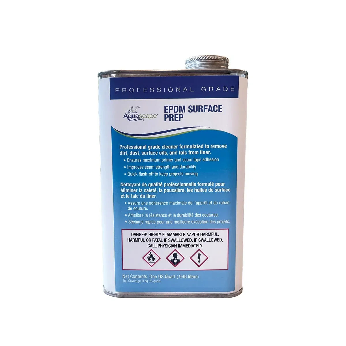 Aquascape EPDM Surface Prep installation equipment in 1 Qt (946 ml) bottle, used for preparing pond liners and waterproofing surfaces.
