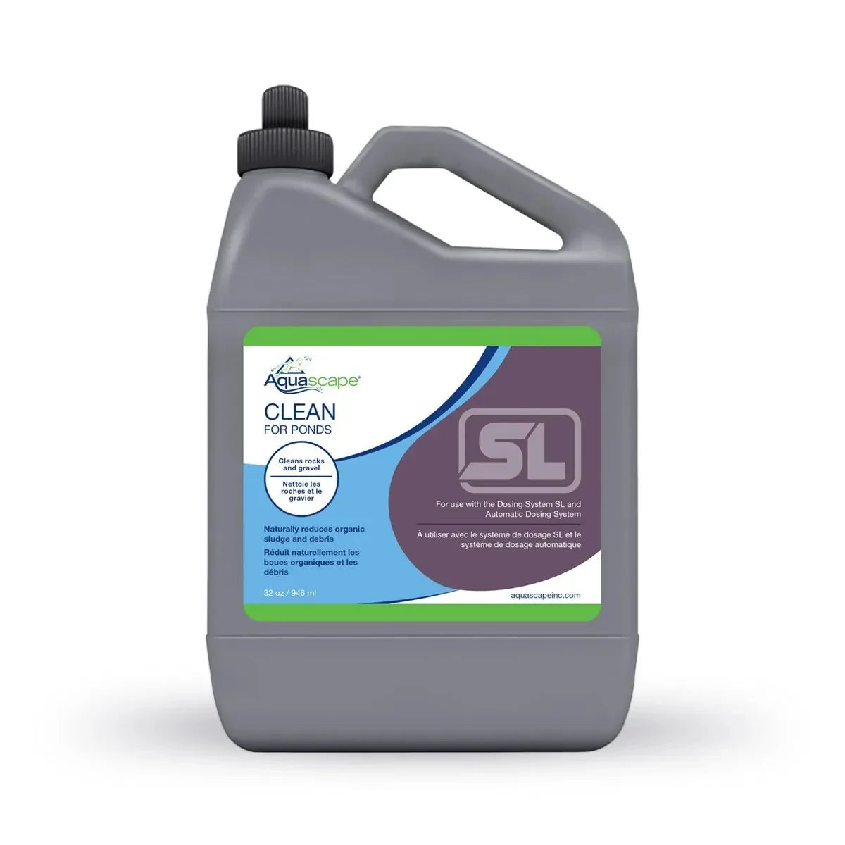 Aquascape Clean for Ponds SL water treatment bottle, 32 oz, designed for pond water clarity and algae control.