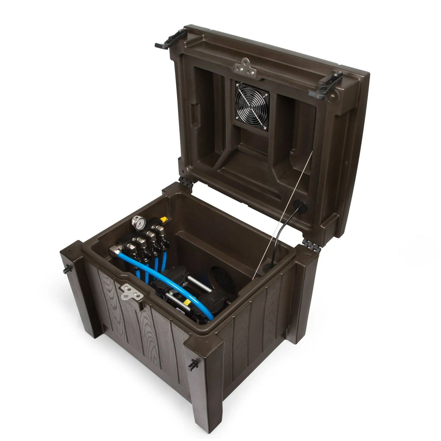 Atlantic Water Gardens pond aeration cabinet system with four outlets and Gast compressor for efficient pond oxygenation.