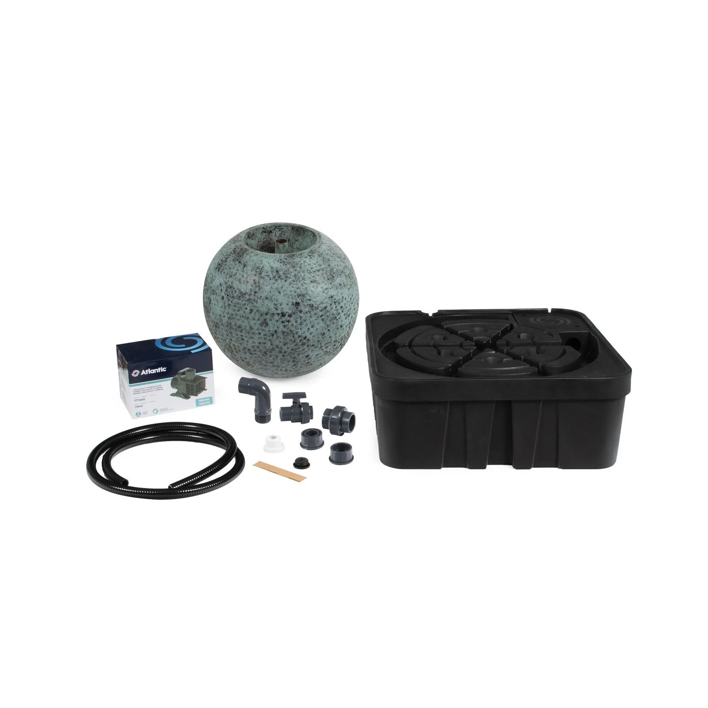 Atlantic Water Gardens 24-inch Verde Brass Sphere Kit for decorative features, showcasing a stylish brass sphere with textured surface.