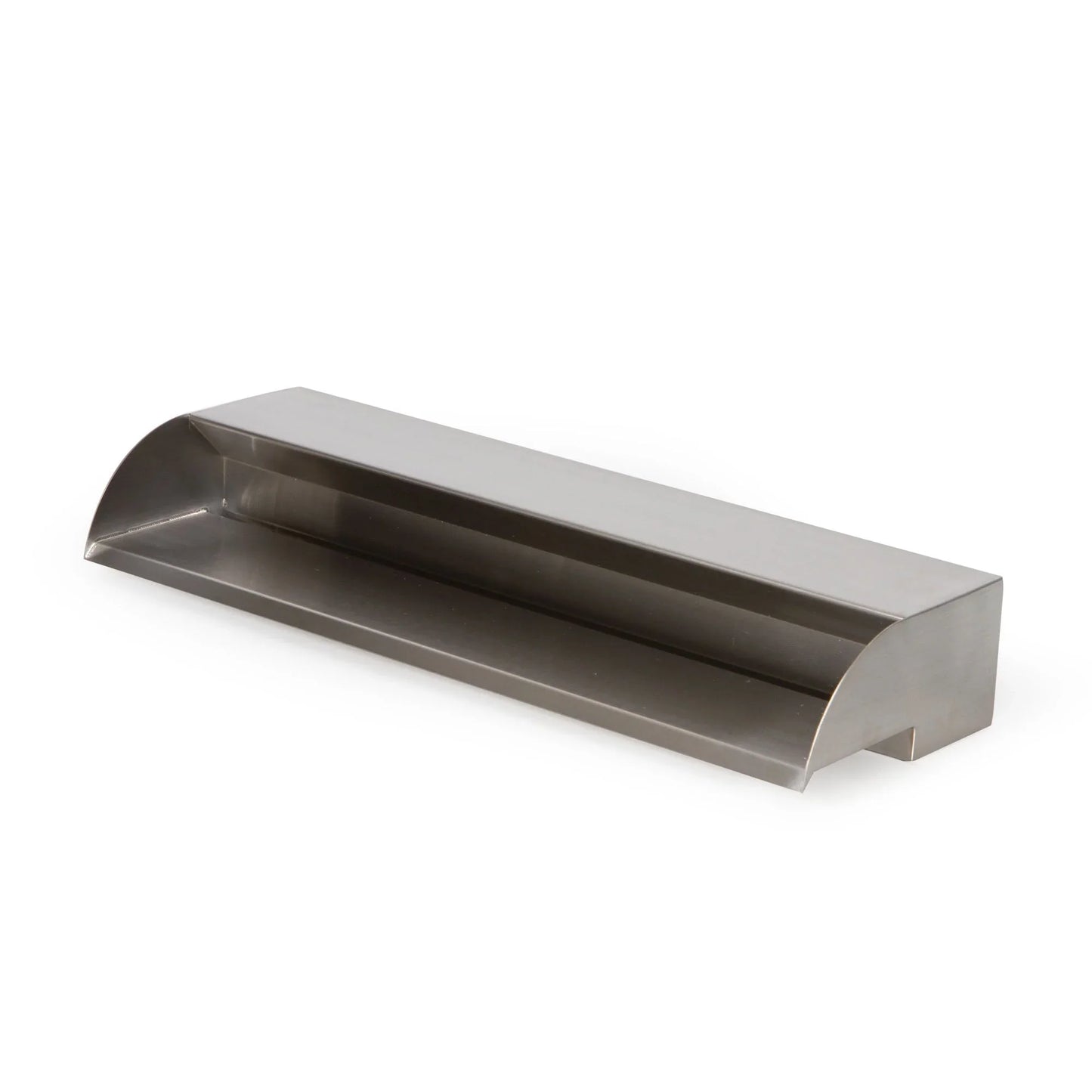 Atlantic Water Gardens 24-inch stainless steel spillway with 316 steel construction, showing the sleek, polished spillway design.