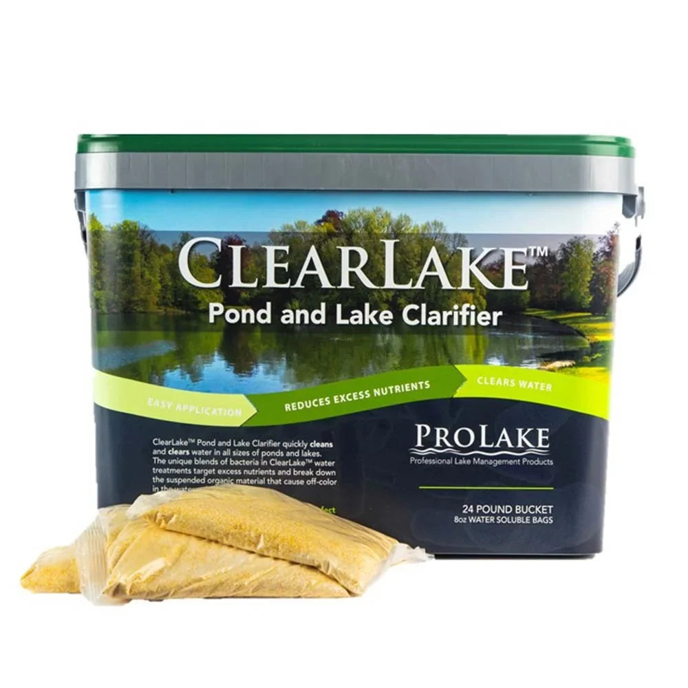 ClearLake Pond & Lake Clarifier in 24 lb bucket, water treatment product for pond and lake water clarity enhancement.
