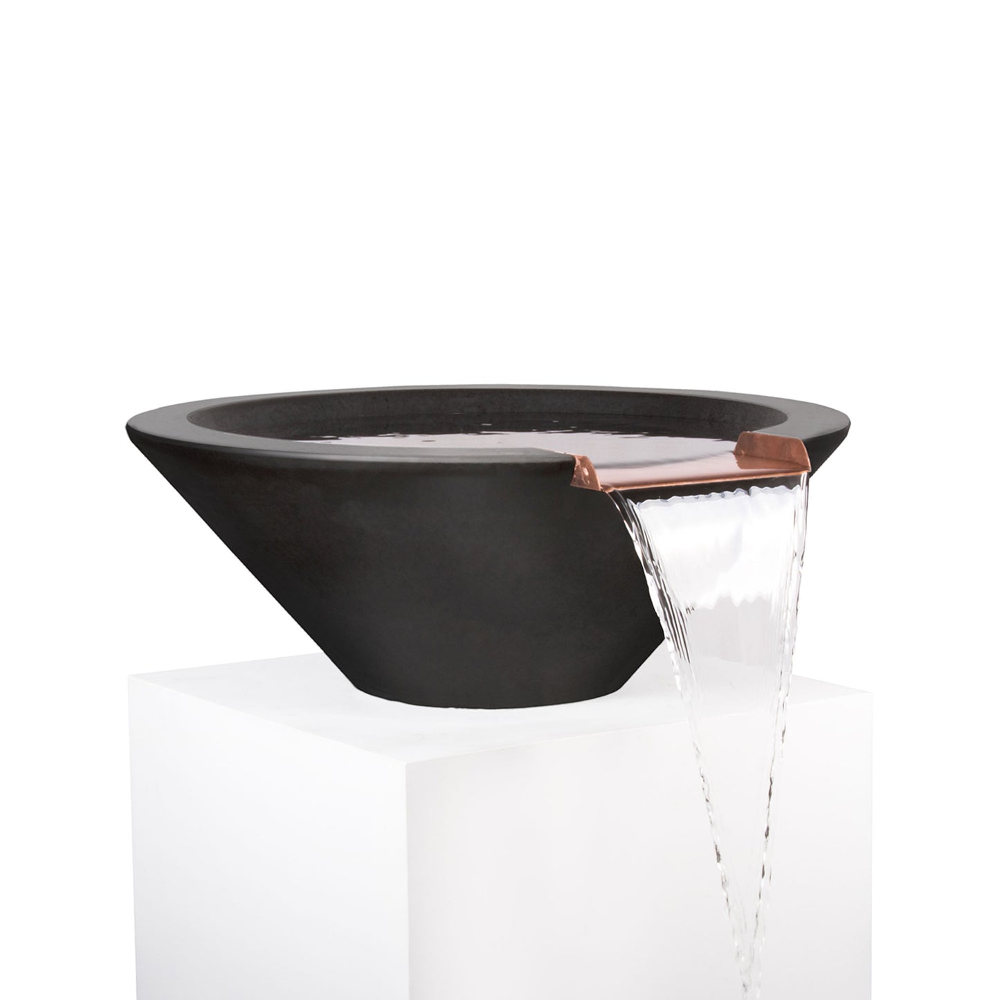 Black 31-inch GFRC water bowl with smooth flow water fitting and copper spillway for outdoor fire features by THE OUTDOOR PLUS.