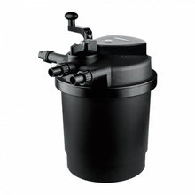 PondMax PF750 Pressure Filter with UVC for ponds, external design, black plastic body, with inlet and outlet pipes visible.