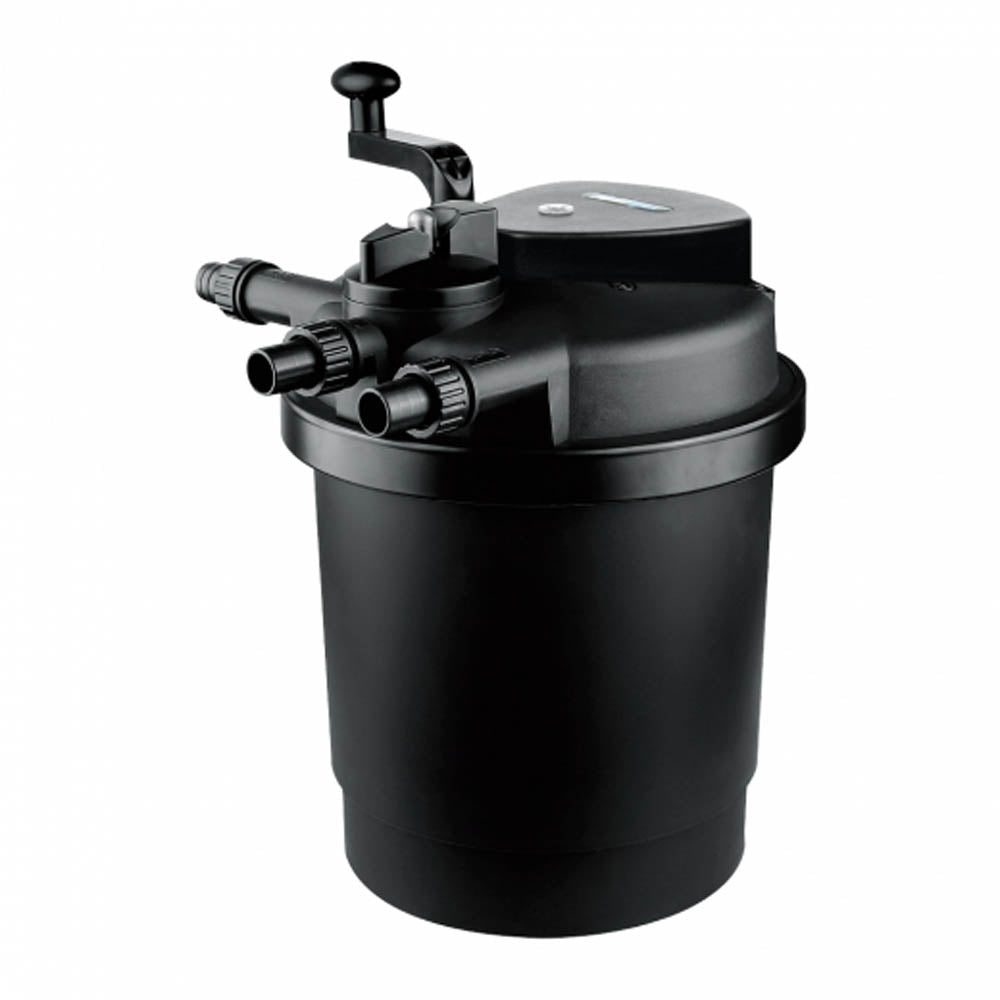 PondMax PF750 Pressure Filter with UVC for ponds, external design, black plastic body, with inlet and outlet pipes visible.