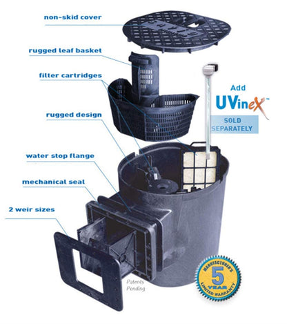 Savio compact skimmer filter base unit without faceplate, designed for pool skimming and debris removal.