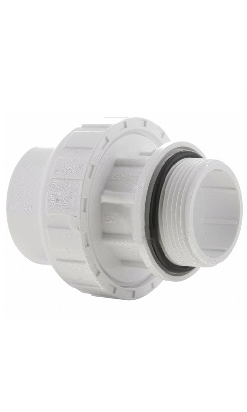 Close-up of a 1.5-inch pool specialty union fitting, MPT to slip connections, used for pool plumbing installations.