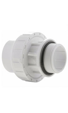 Close-up of a 1.5-inch pool specialty union fitting, MPT to slip connections, used for pool plumbing installations.