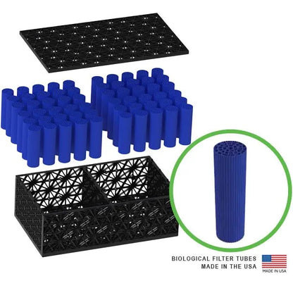 Aquascape Filterblox module replacement part with exploded view showing internal components for pond filtration system.