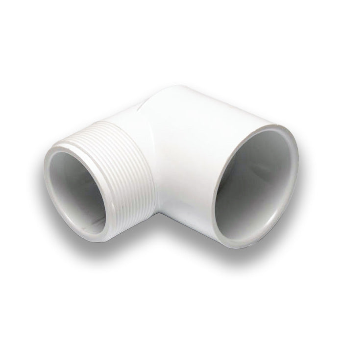 Dura 90 degree street elbow PVC fitting, SCH 40, MPT to slip connection, used in plumbing and irrigation systems.