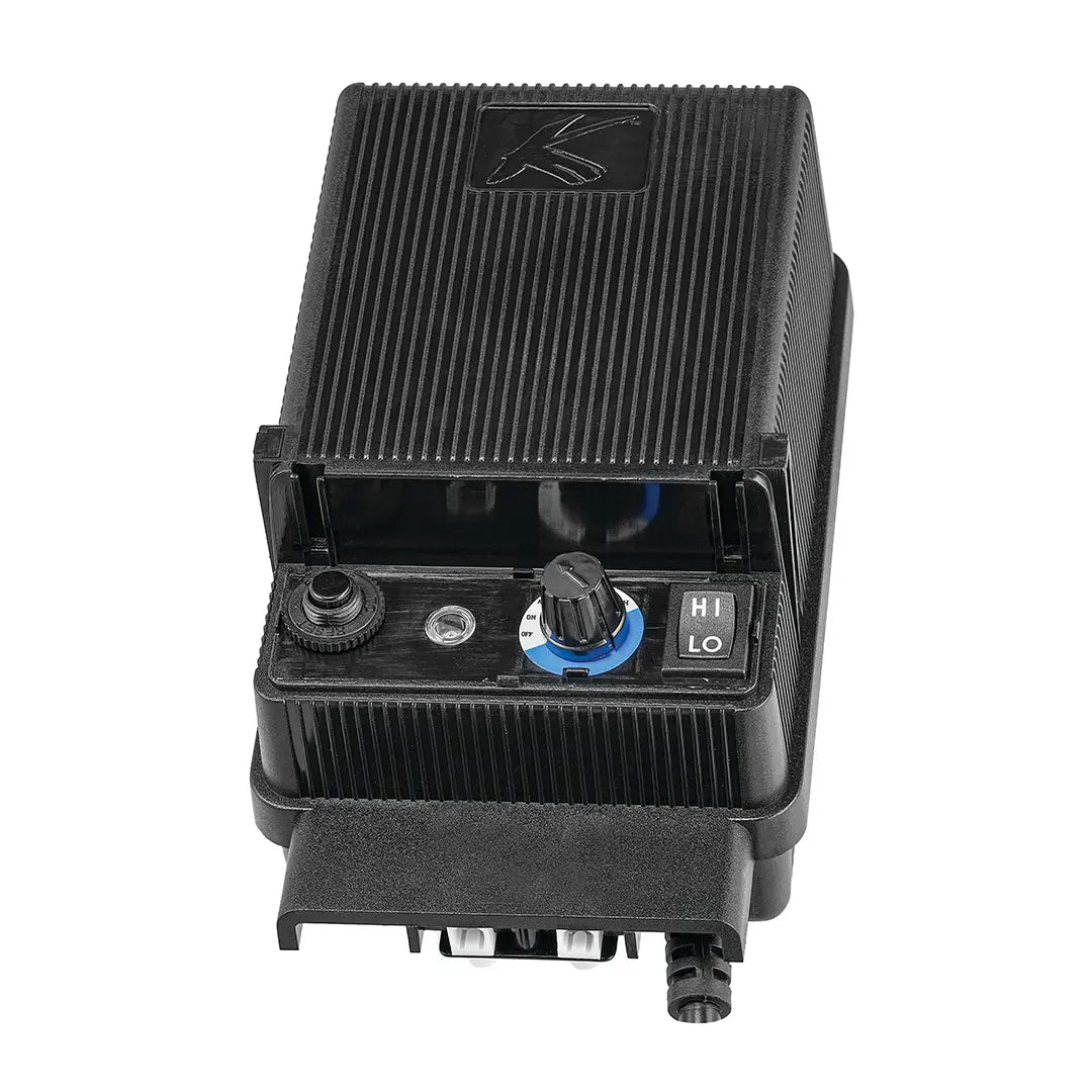 Kichler Economy Transformer in black finish, open view showing compact design and electrical components for landscape lighting.