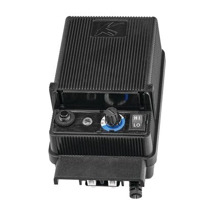 Kichler Economy Transformer in black finish, open view showing compact design and electrical components for landscape lighting.