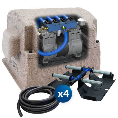 Airmax PondSeries PS40 aeration system with four diffusers installed in a pond for lake aeration, 115V unit.