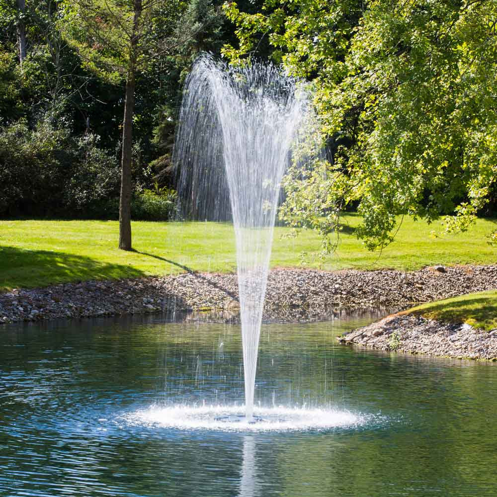 AirMax EcoSeries 1/2 HP floating fountain with control panel and 100-foot cord, designed for pond aeration and decorative water features.