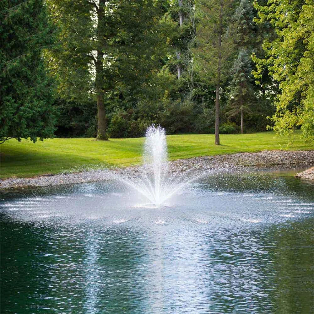 Airmax PondSeries 1/2 HP floating fountain with crown and trumpet nozzles, 8 ft high and 6 ft wide, for pond aeration and decoration
