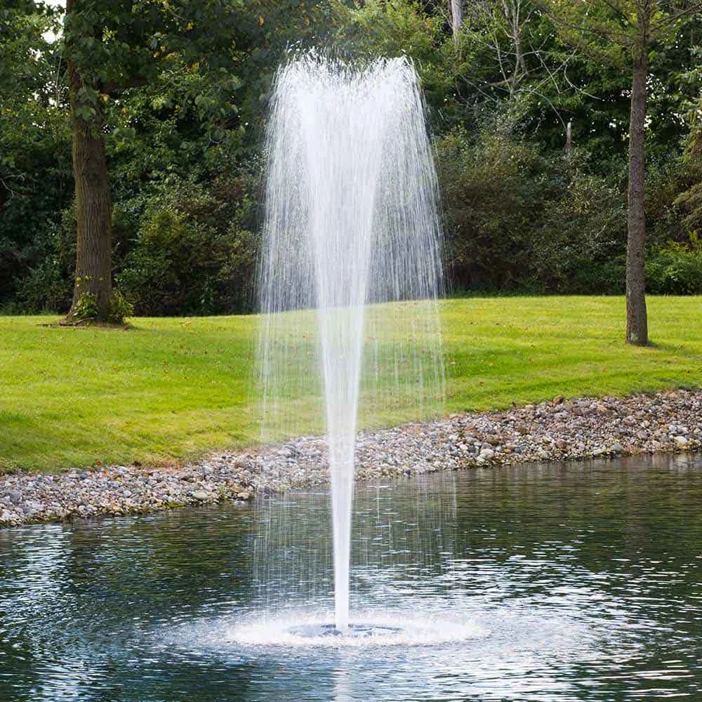 Airmax PondSeries 1/2 HP trumpet nozzle floating fountain with 12.5-foot height and 5-foot width, showcasing water spray pattern