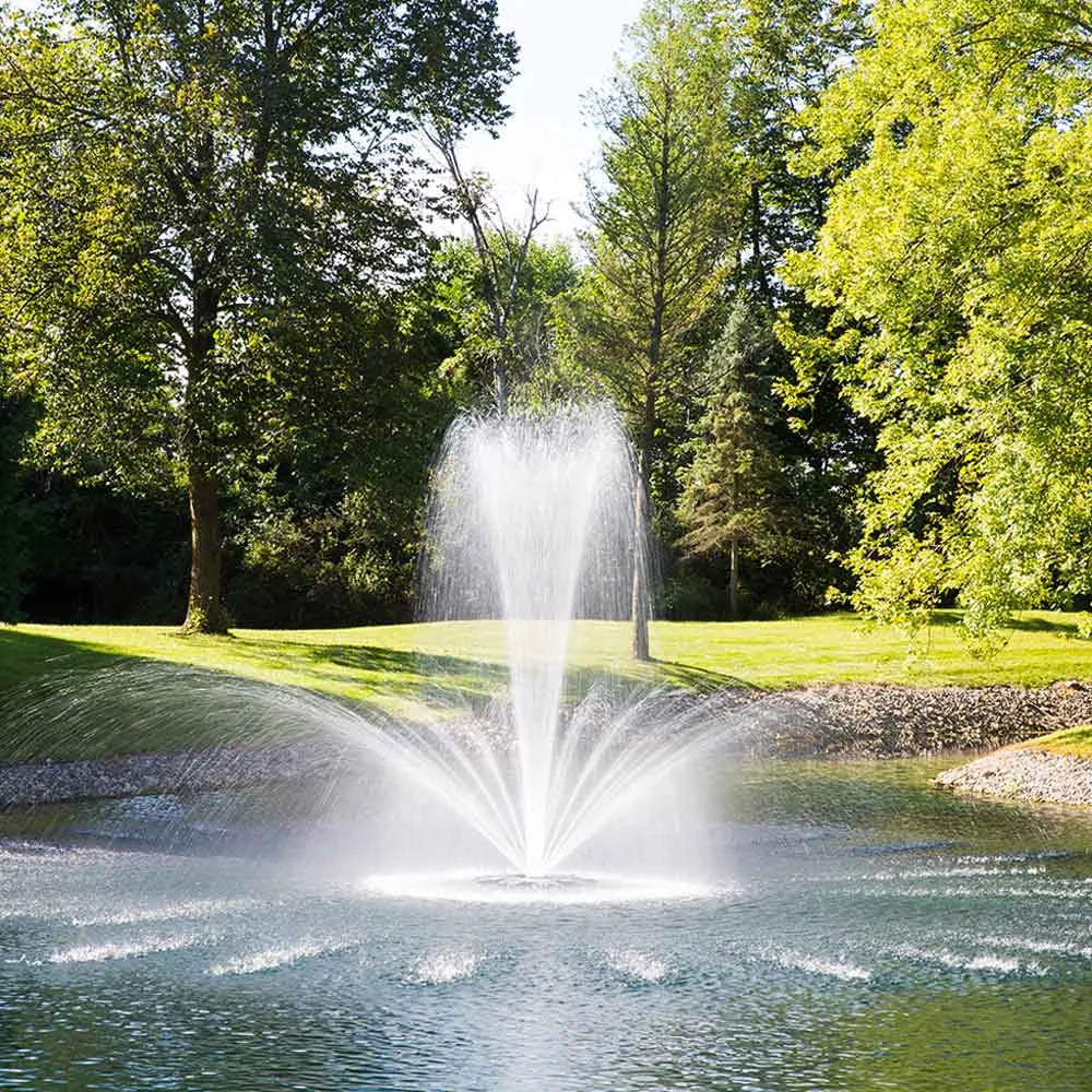Airmax Pondseries 2 HP crown and trumpet floating fountain with 13-foot height and 38-foot width, featuring dynamic water spray patterns.