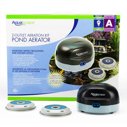 Aquascape Pond Air 2 air pump for pond aeration, showing the compact pump with air tubing for water oxygenation.