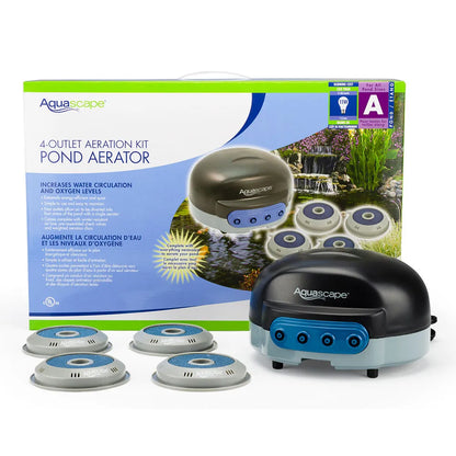 Aquascape Pond Air 4 Air Pump for pond aeration, showing the compact black pump with air tubing attached.