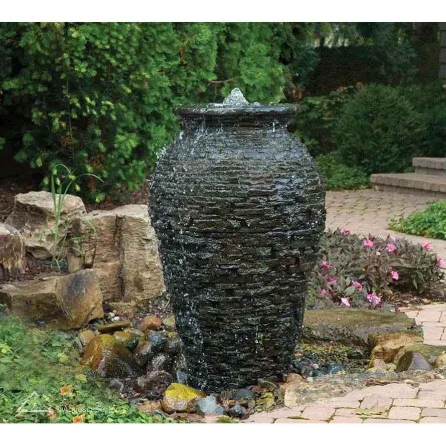 Aquascape Extra Small Stacked Slate Urn, 24-inch decorative feature with layered slate design for outdoor or garden decor.