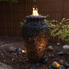 Large Aquascape fire and water stacked slate urn, a decorative feature with a natural stone finish and built-in fire and water elements.