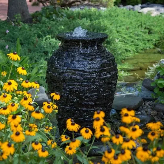 Aquascape Stacked Slate Urn Fountain Kit, 33.5-inch decorative feature with natural slate design and water basin.