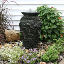 Aquascape Extra Small Stacked Slate Urn 24-inch fountain kit with pond accessories, featuring a decorative slate urn for outdoor water features.