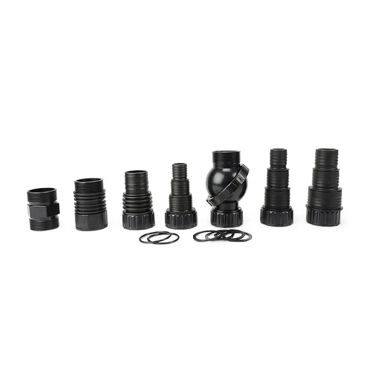 Aquascape Aquaforce G2 pump discharge fitting kit for replacement parts, showing various fittings and connectors on a white background.