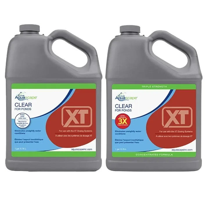 Aquascape 3x Clear for Ponds XT water treatment bottle, 1-gallon container, used to clarify pond water and improve clarity.