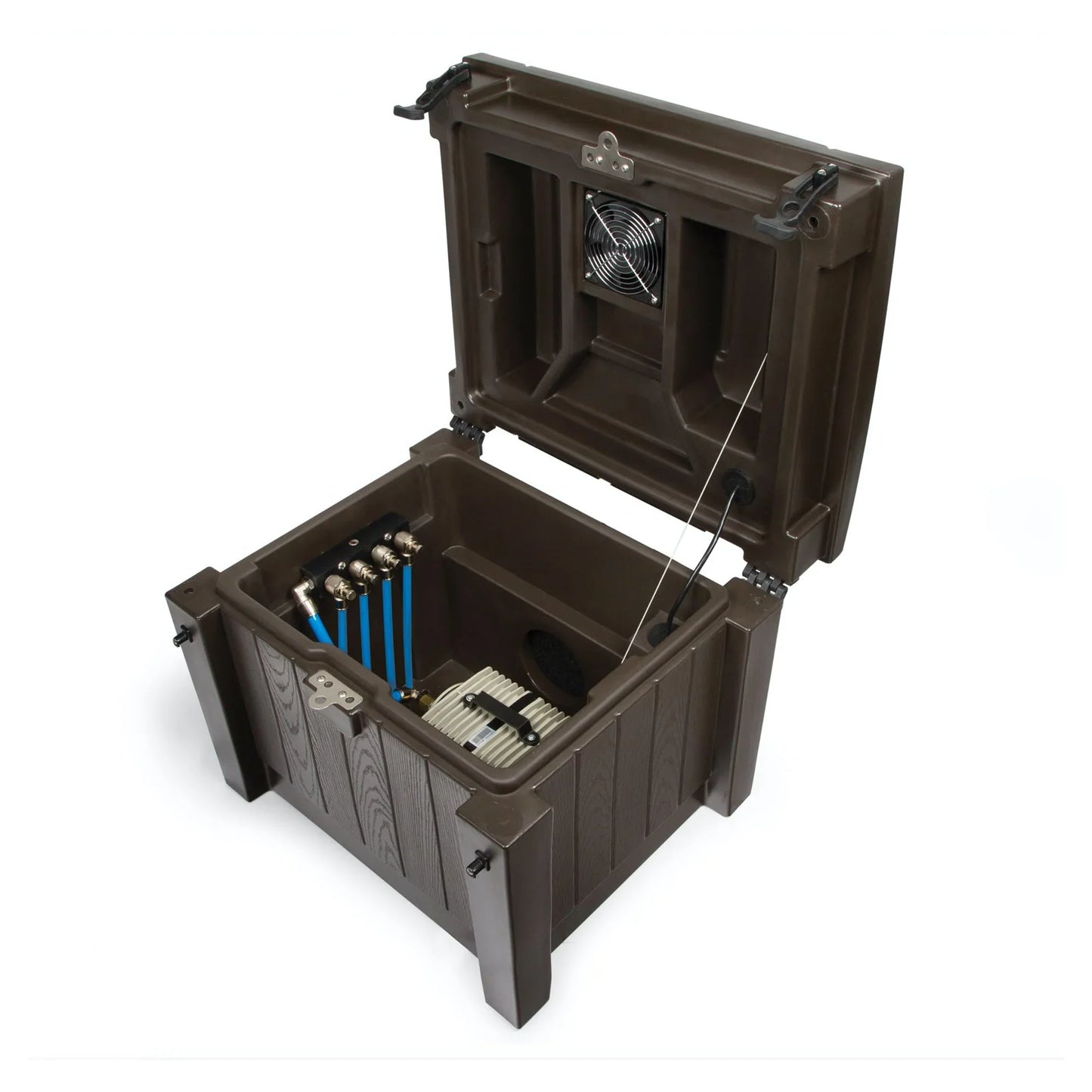 Atlantic Water Gardens Complete Cabinet System for Four Diffusers, pond aeration system with black cabinet and four diffuser outlets.