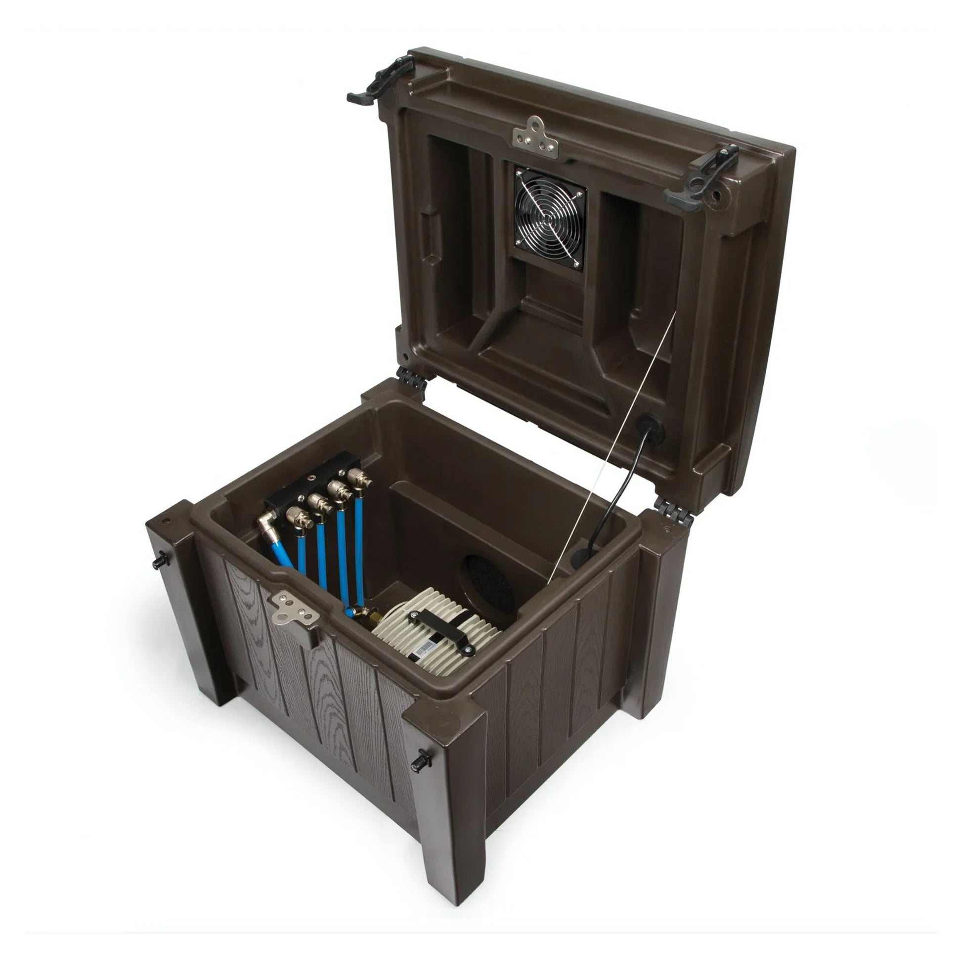Atlantic Water Gardens Complete Cabinet System for Four Diffusers, pond aeration system with black cabinet and four diffuser outlets.