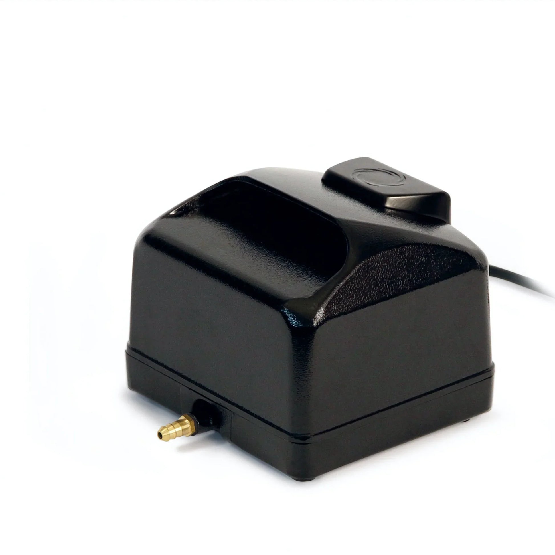 Atlantic Water Gardens Typhoon Air Pump for pond aeration, 30 Lpm, showing the compact pump with air hose attachment.