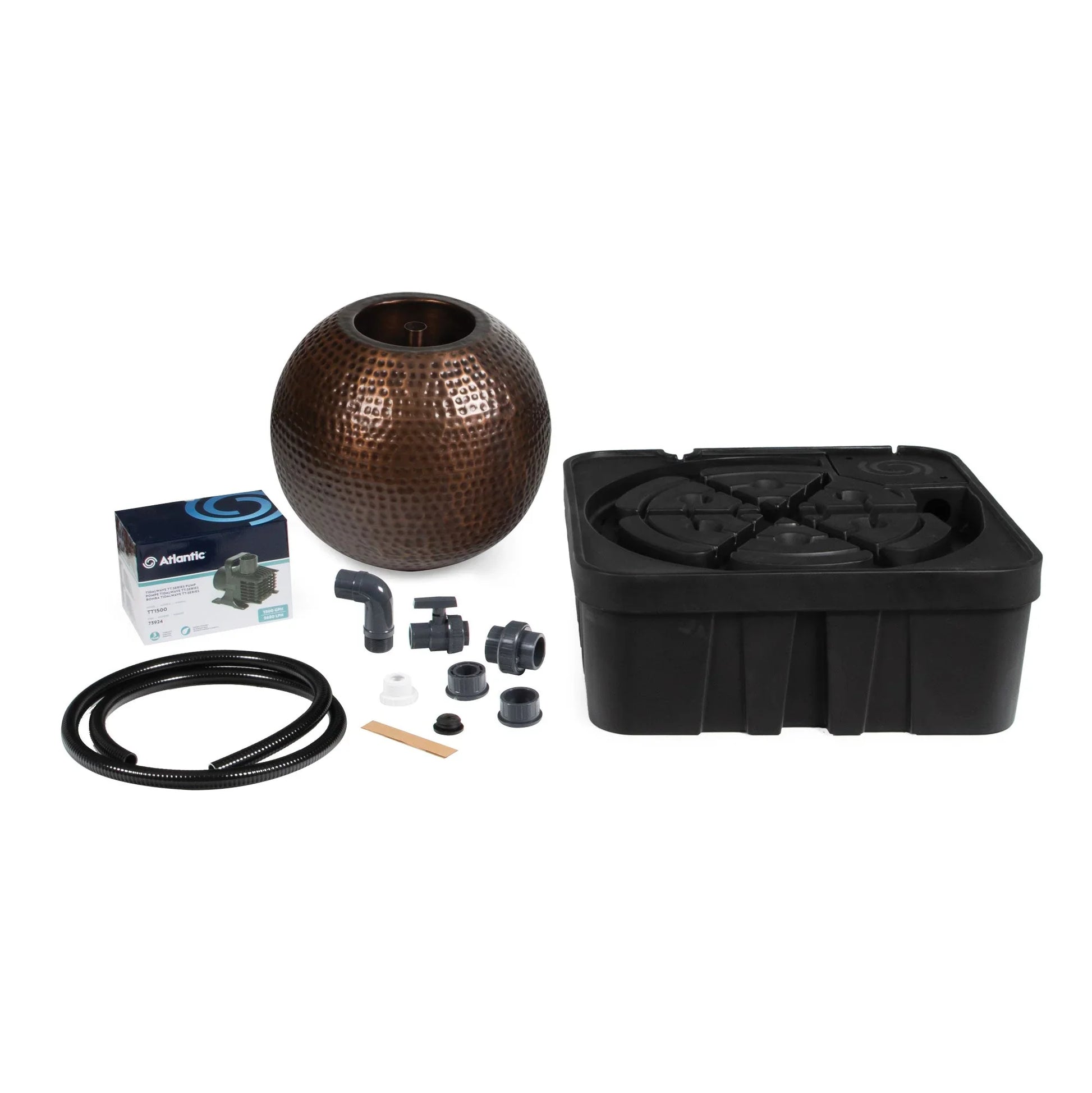Atlantic Water Gardens 24-inch Antique Brass Sphere Kit, a decorative water feature with a polished brass sphere on a sleek stand.