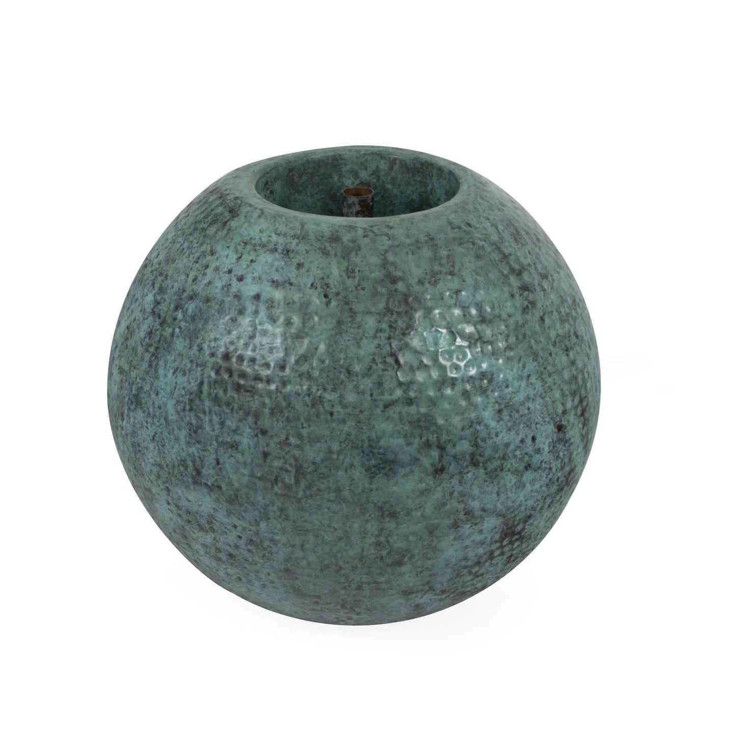 Atlantic Water Gardens 30-inch Verde Brass Sphere decorative feature, spherical brass ornament with a vibrant green patina finish.