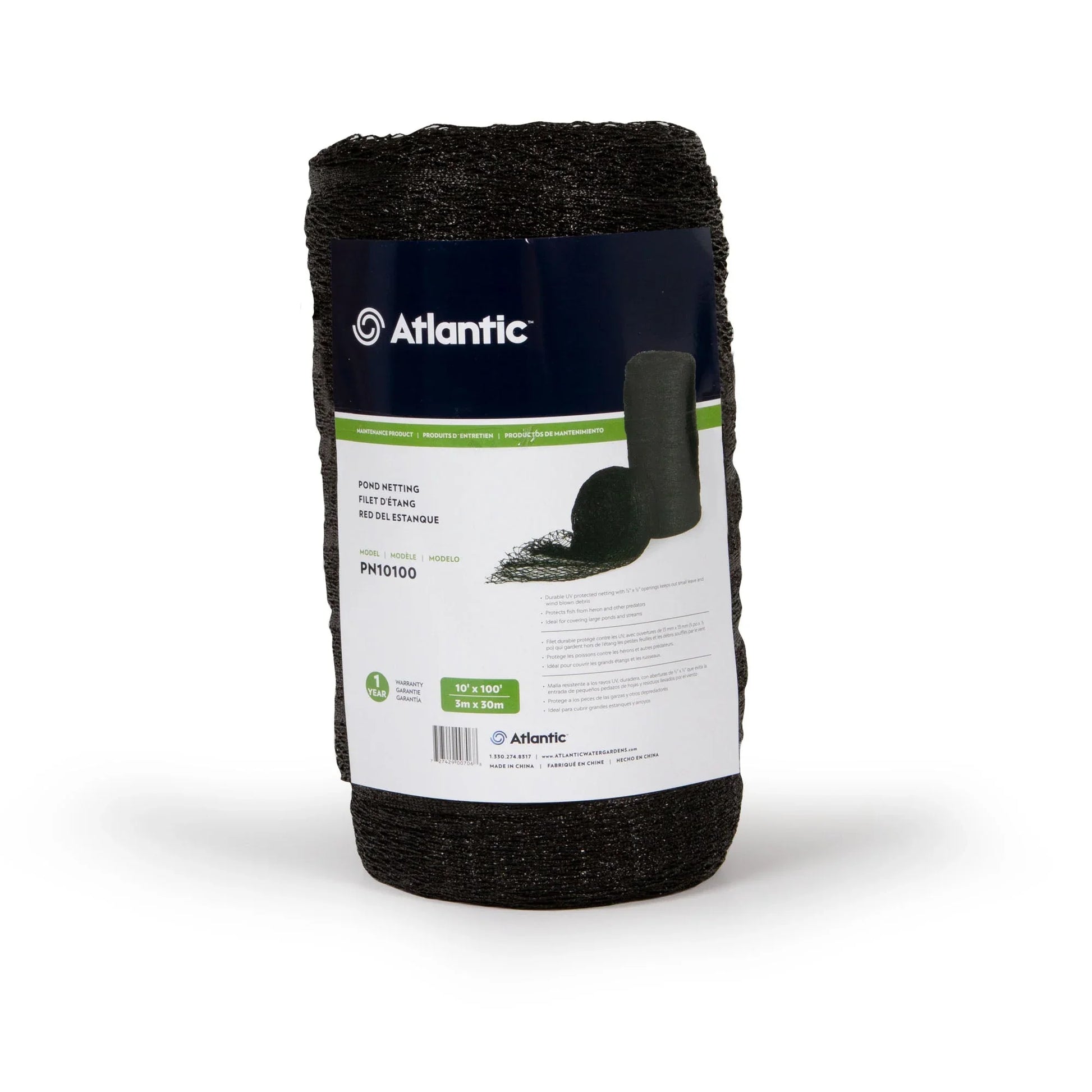 Atlantic Water Gardens 10' x 100' Ultra Pond Net roll for fish pond protection, durable black netting for pond maintenance.