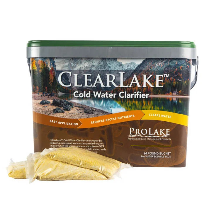 ClearLake Cold Water Clarifier for water treatment, 24 lb container, used to clarify and improve water quality in pools or ponds.