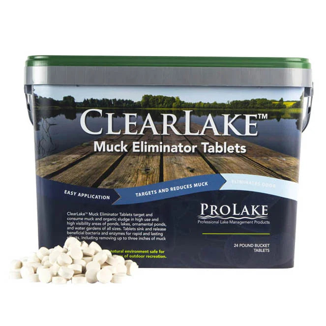ClearLake Muck Eliminator Tabs for water treatment, 24 lb bag, designed to reduce pond muck and improve water clarity.
