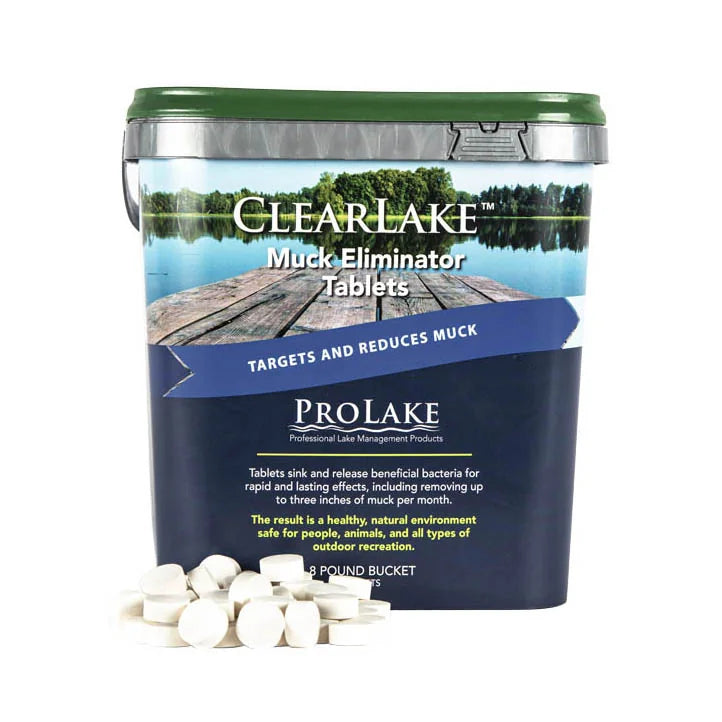ClearLake Muck Eliminator Tabs for water treatment, 8 lb container, designed to reduce pond muck and improve water clarity.