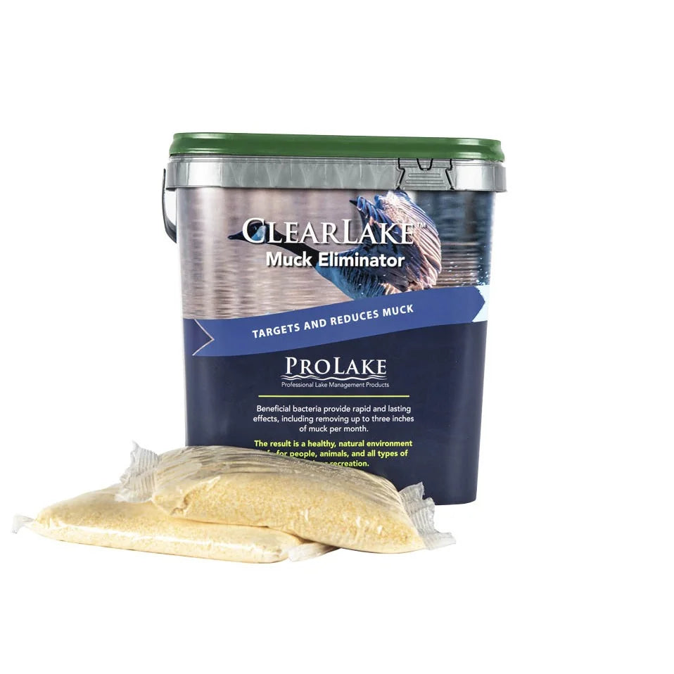 ClearLake Clearlake Muck Eliminator water treatment product in 8 lb container, designed to reduce muck and sediment buildup.