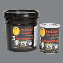 Gray Pond Armor non-toxic epoxy pond seal kit in a 3-gallon container, designed for pond waterproofing and repair.