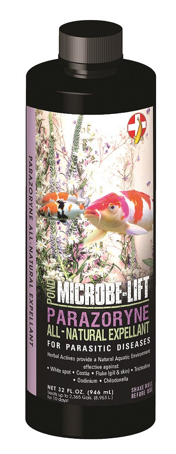 Microbe-Lift Parazoryne anti-parasite solution for aquariums, shown in one-gallon bottle with label visible.
