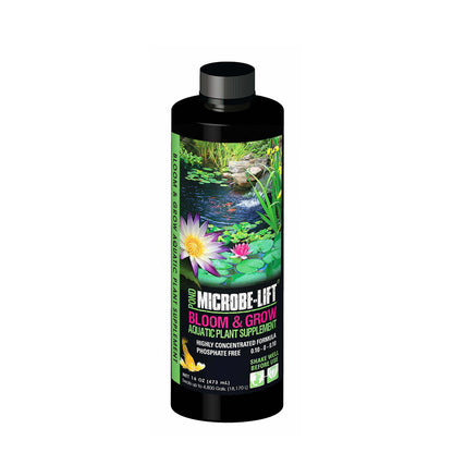 Microbe-Lift Bloom N Grow water treatment bottle, 16oz, with label showing microbial formula for aquatic plant growth.
