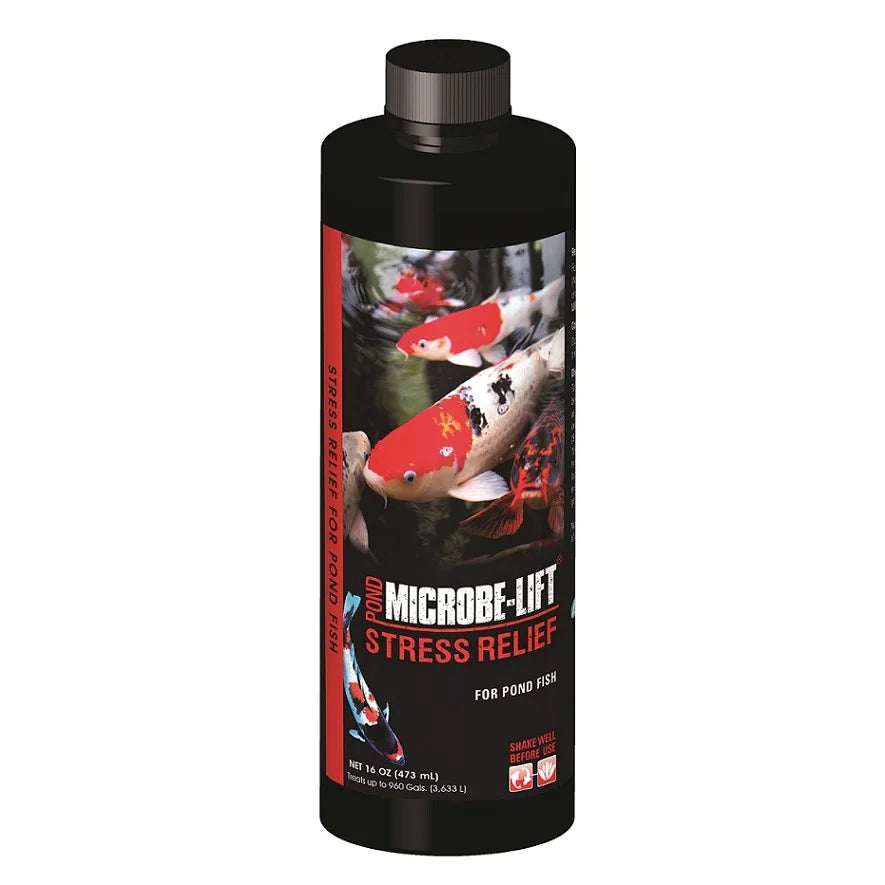 Microbe-Lift 16 oz. water treatment bottle for aquatic stress relief, showing the Microbe-Lift brand and product label.