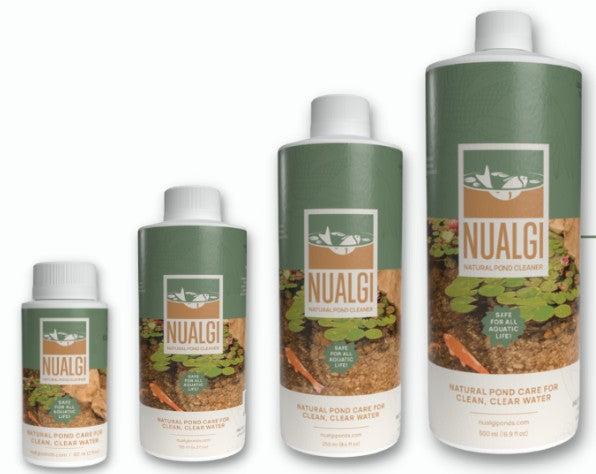 Nualgi Ponds 125ml bottle, clear liquid supplement for pond water health and algae control, branded Nualgi.