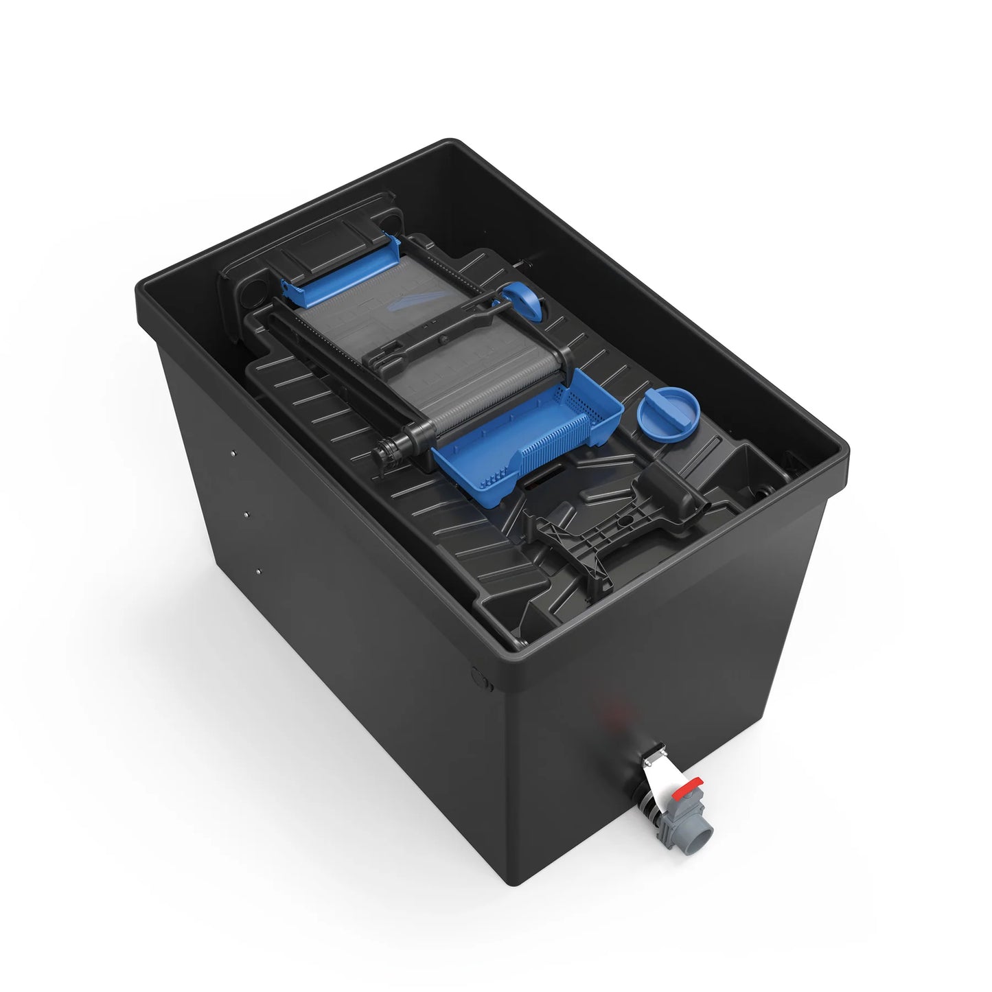 Oase BioTec ScreenMatic 2 gravity flow filter for ponds, showing the filter unit with inlet and outlet connections.
