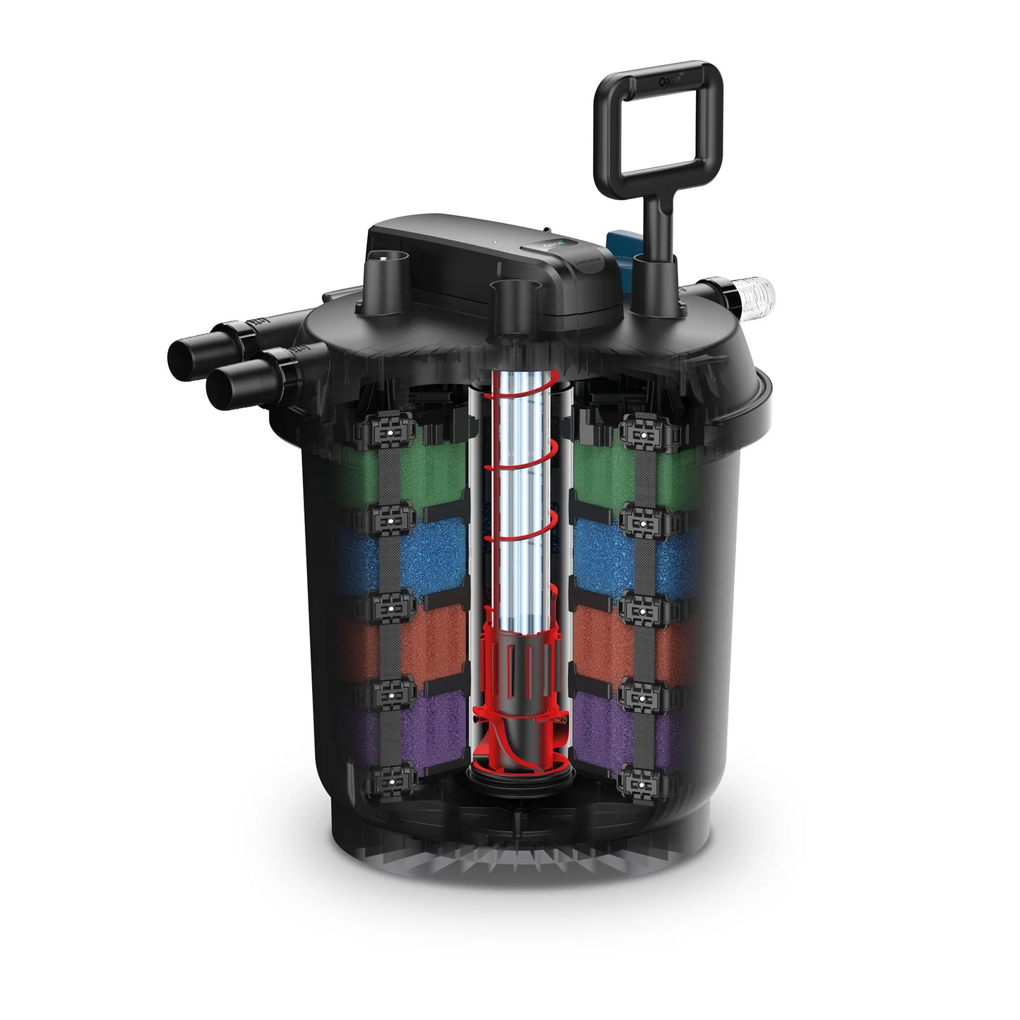Oase FiltoClear 15500 pressure filter for pond filtration, showing the 84W filter unit with inlet and outlet connections.