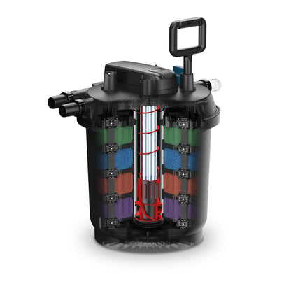 Oase FiltoClear 15500 pressure filter for pond filtration, showing the 84W filter unit with inlet and outlet connections.