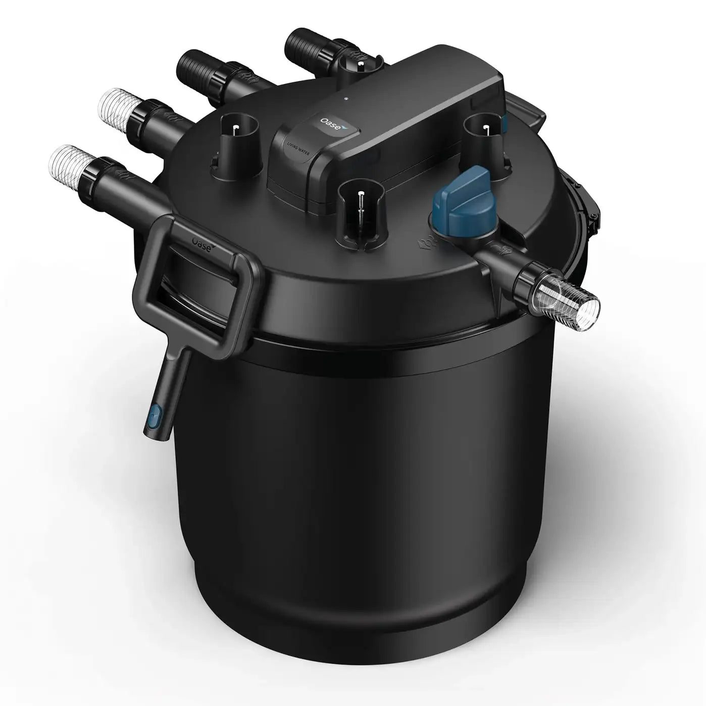 Oase FiltoClear 15500 pressure filter with 84W for pond filtration, showing the filter unit with inlet and outlet connections.