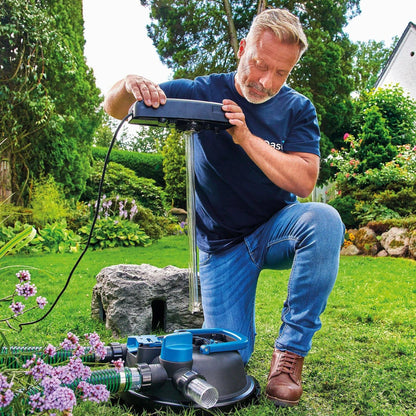Oase FiltoClear 8200 Pressure Filter G3 with 60W UV for pond filtration, showing the filter unit and UV component in a pond setup.